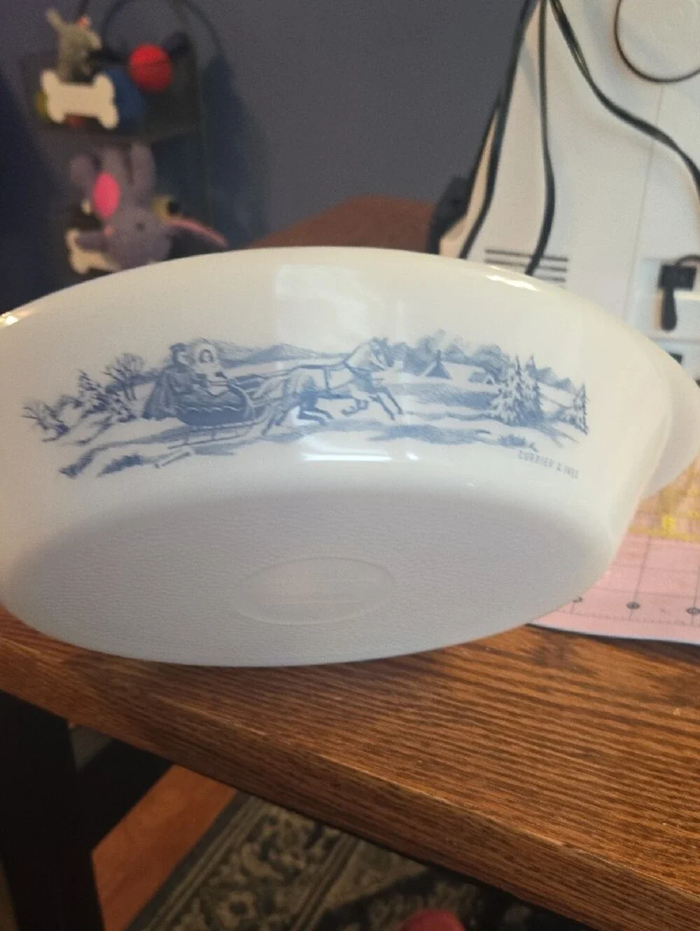 Vintage Glassbake Currier and Ives Divided Oval